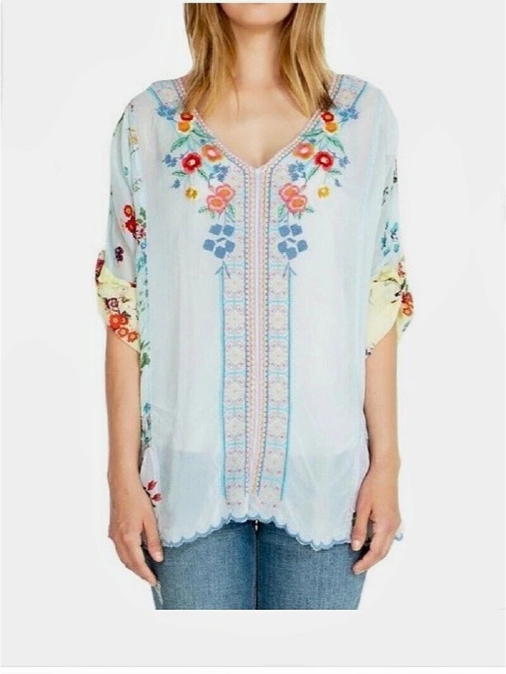 Johnny Was Vervaine Embroidered Tunic Blue & Yellow Blouse